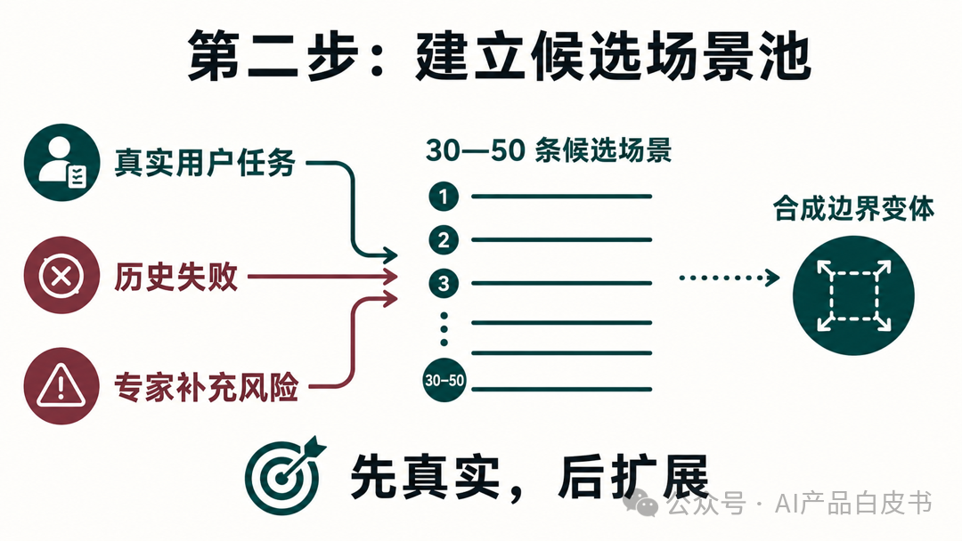 真实请求、历史失败和专家底线，共同组成候选场景池